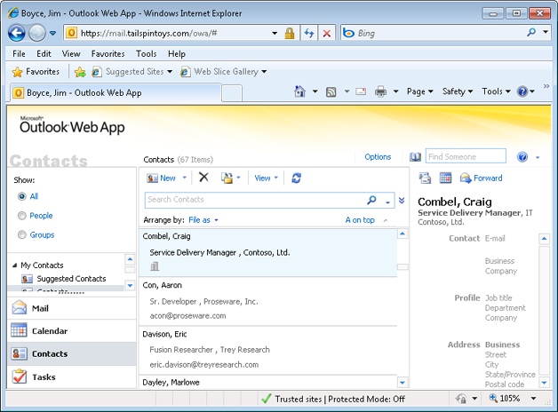 You can view and manage the Contacts folder in Outlook Web App.