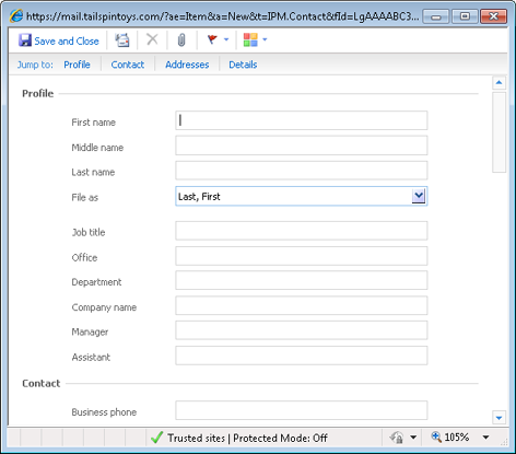 The form for creating contact entries in Outlook Web App is similar to the contact form in Outlook 2010.