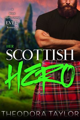 The cover of Her Scottish Hero depicts a huge red-haired male with a big red beard. He has his arms crossed over his broad chest and he’s wearing a kilt. The Scottish Highlands are in the background.