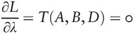 ∂L∂λ=T(A,B,D)=0
