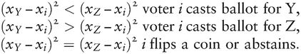(xY−xi)2<(xZ−xi)2votericasts ballot forY,(xY−xi)2>(xZ−xi)2votericasts ballot forZ,(xY−xi)2=(xZ−xi)2iflips a coin or abstains.