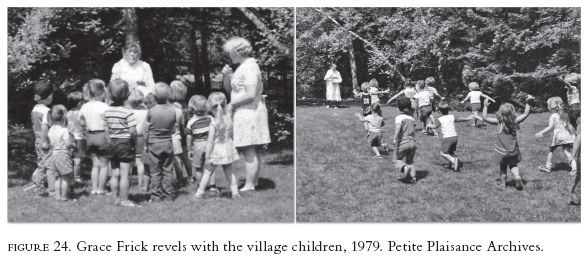 Image: FIGURE 24. Grace Frick revels with the village children, 1979. Petite Plaisance Archives.