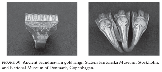 Image: FIGURE 30. Ancient Scandinavian gold rings. Statens Historiska Museum, Stockholm, and National Museum of Denmark, Copenhagen.