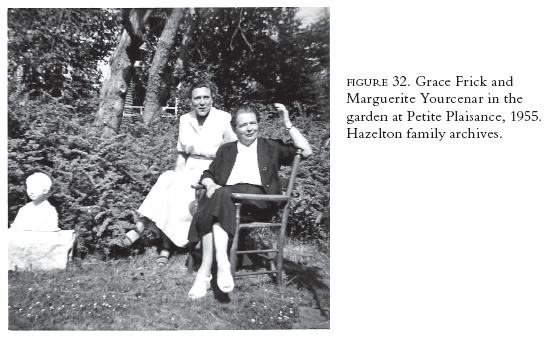 Image: FIGURE 32. Grace Frick and Marguerite Yourcenar in the garden at Petite Plaisance, 1955. Hazelton family archives.