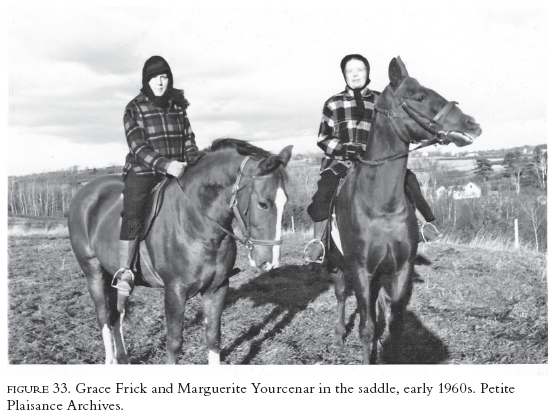 Image: FIGURE 33. Grace Frick and Marguerite Yourcenar in the saddle, early 1960s. Petite Plaisance Archives.