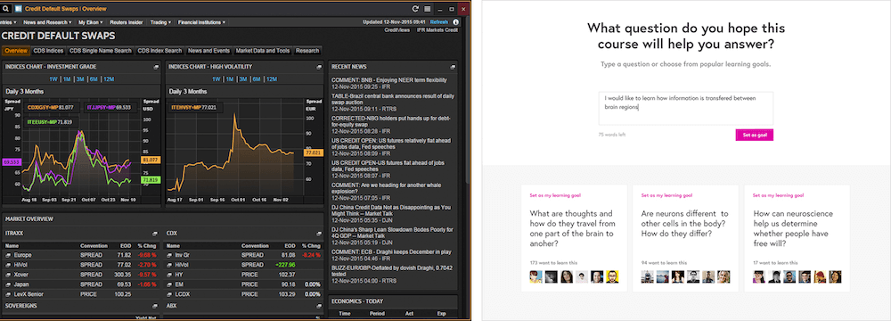 A screen from Thomson Reuters Eikon (left) and a screen from FutureLearn (right).