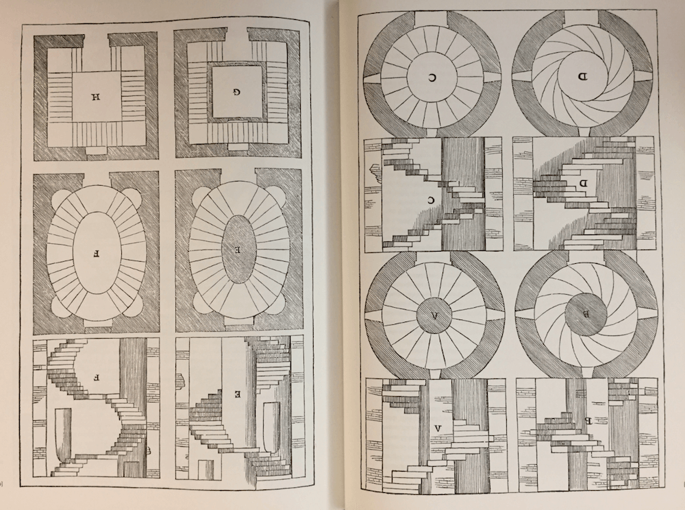 Types of staircases: spiral, oval and straight. Palladio described how and when to use each type; for example, spiral staircases are suited for “very restricted locations because they take up less space than straight stairs but are more difficult to go up.”