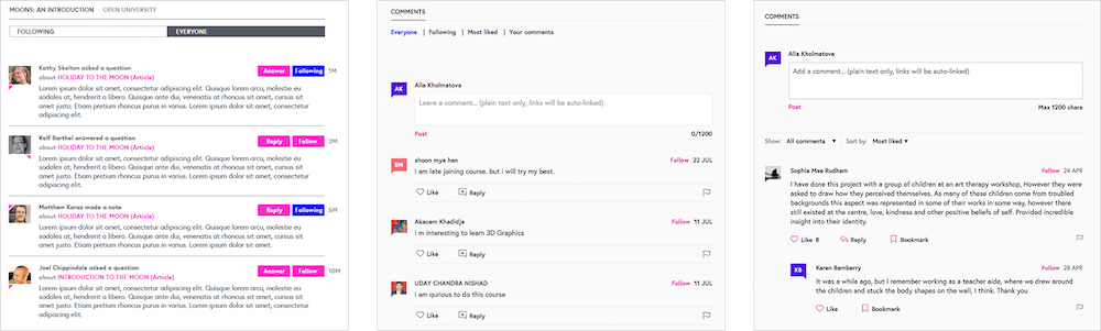 Discussion pages went through several iterations once they were designed but the purpose of the core modules was unchanged.