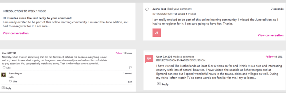 Four different versions of social feed modules on FutureLearn.