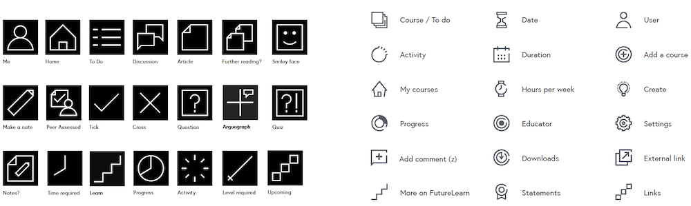 Initial icon designs by Wolff Olins (left) and how they were evolved by FutureLearn’s design team (right). The gaps in the icons signify that a learning process is never complete.