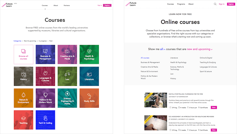 FutureLearn courses page in 2015 and late 2016