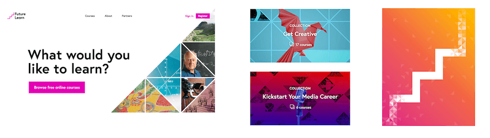 Initial experiments with triangles on the home page started off quite flat (left), but were given a new twist by other designers who took the pattern and applied it to their projects.