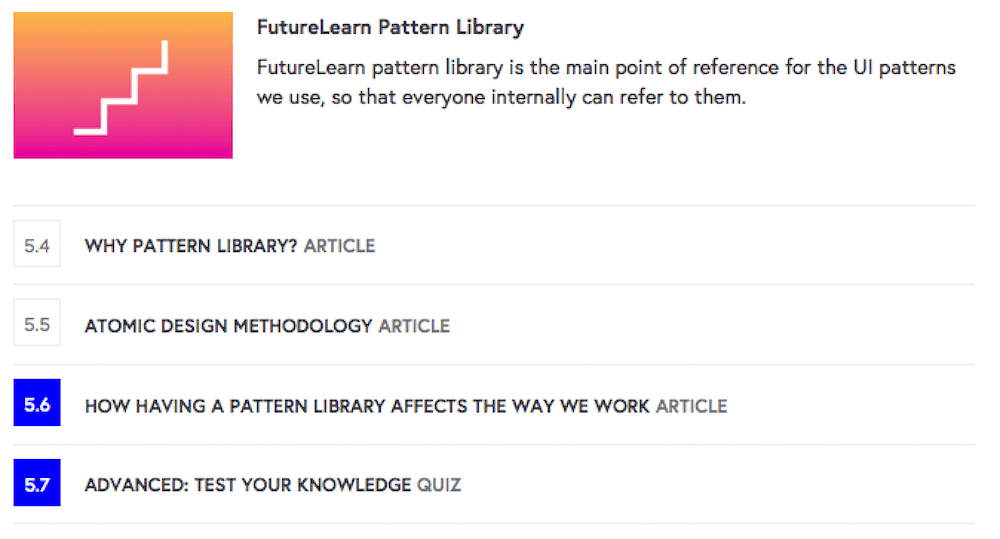 A chapter on the pattern library in the FutureLearn’s online induction course.