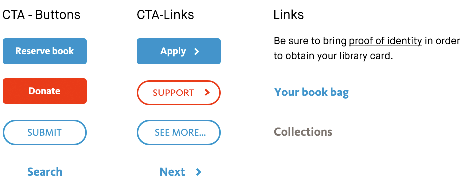 An example of a classification of buttons and links. Additionally, it helps to make a subtle difference in the style of CTAs, to indicate a difference in the interaction.