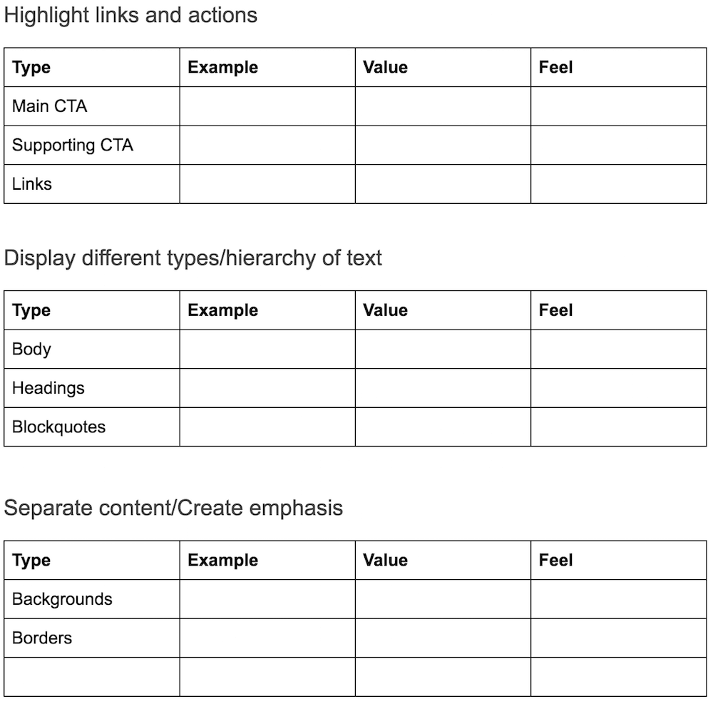 Example of initial categories for auditing colors in a Google doc.