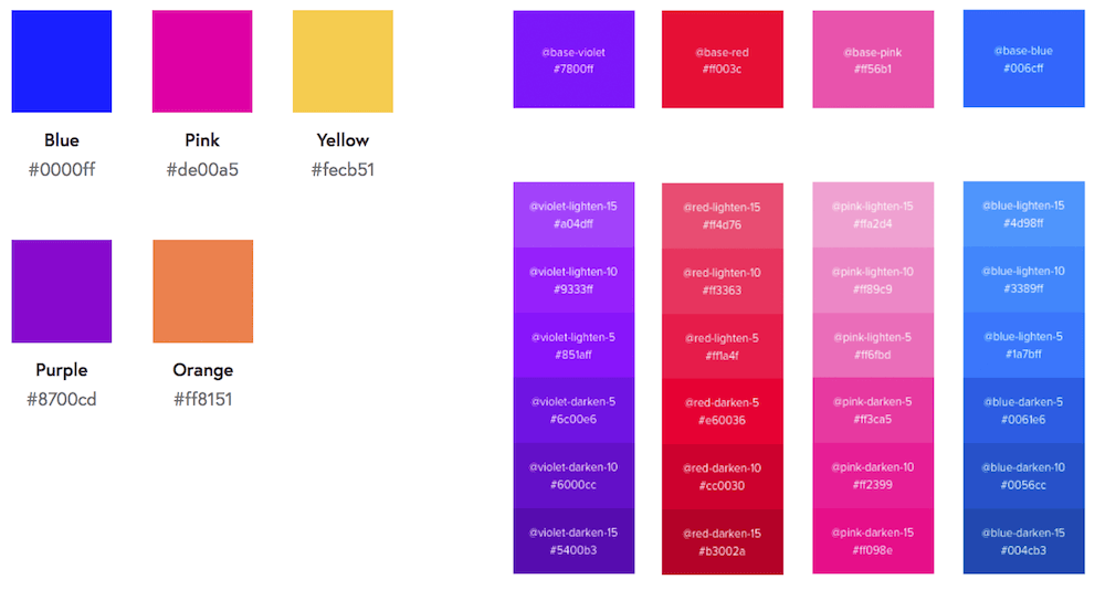 FutureLearn’s primary and secondary colors (left) and some of the UXPin colors (right) show how the need for color variation is different in different interfaces.