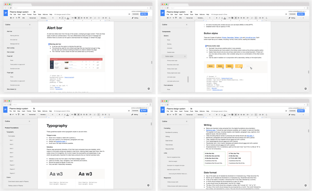 Documenting patterns in Google Docs for the Plasma design system