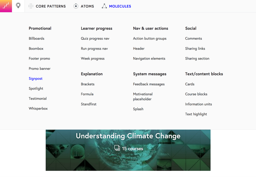 Modules arranged by purpose in FutureLearn’s pattern library.