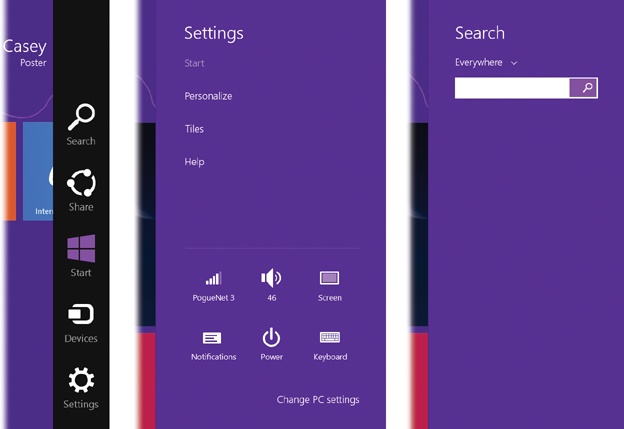 The Charms bar (left) is named after the jingly silver doodads that dangle from a charm bracelet. In this case, however, they’re more than decorative. They give you direct access to some of the most important functions in Windows. For example, the Settings button opens the Settings panel (middle); the Search button opens, of course, the Search panel (right).