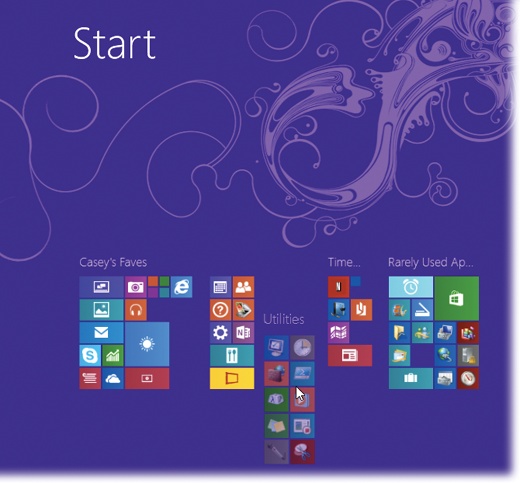 Pinching with two fingers triggers what Microsoft calls semantic zoom, which is a goofy way of saying “the Start screen goes miniature.”Once you’re zoomed out like this, you can rearrange your groups, moving entire batches right or left. Use your mouse or your finger. The other groups move aside to make room.