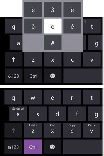 Top: When you hold down a key, a palette of alternate symbols appears; slide onto the one you want.Almost all of the keys offer these palettes. The entire top row of letters, for example, sprout the numbers 1 through 0. You can type a digit quickly without having to switch to a different keyboard layout, just by holding your finger on the letter key, pausing, and then swiping up to choose the number.(If you have more than a couple of digits to type, though, it’s faster to switch to the numbers layout.)Bottom: When you press the Ctrl key, the letters sprout the keyboard-shortcut commands, in English, that you’ll trigger by tapping them (Cut, Copy, Paste, and so on).