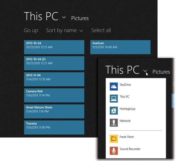 The File Picker appears when, for example, you want to find a file to attach to an outgoing email message. Almost everything you see here is tappable or clickable.Inset: The phrase “This PC” is actually a pop-up menu of locations that Microsoft thinks you might want to visit.