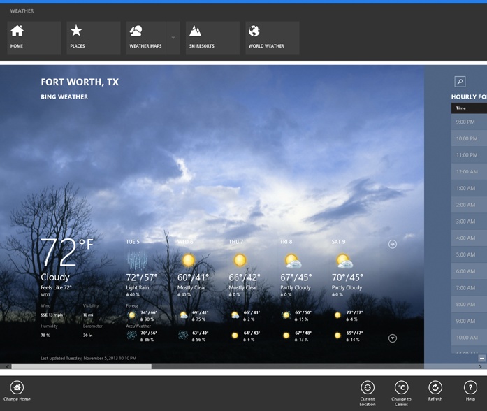 More features appear when you open the App bar.Places lets you enter cities or Zip codes whose weather you check often.Weather Maps opens animated maps (see Figure 4-49).Ski Resorts could be an app in itself: It’s a live table of snow statistics about every ski resort known to Microsoft.And World Weather shows current conditions in major cities.