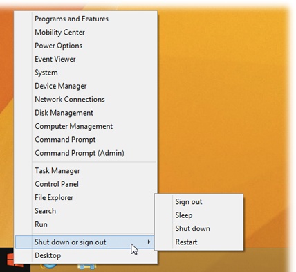 The Start menu is back!Well, pieces of it, anyway.You’re still expected to open files, programs, and apps in TileWorld. But some of the commands here are extremely helpful shortcuts. This, for example, is definitely how you should shut down, restart, or sleep your PC (instead of using the multistep procedure in TileWorld).