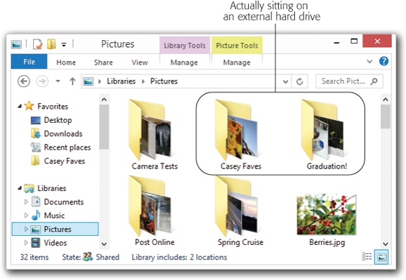 The Pictures library window seems to contain a bunch of photo folders, all in one place. As a bonus, you can access all this from the Save and Open dialog boxes within your programs, too. But don’t be fooled; In real life, these folders are scattered all over your system.