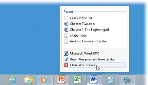 An icon without a border is a program you haven’t opened yet (the first and second ones here, for example). A brightened background indicates the active (frontmost) program. Right-clicking one of these buttons lets you perform tasks on all the windows together, such as closing them all at once.