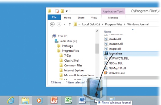 To install a program on your taskbar, drag its icon to any spot; the other icons scoot aside to make room.(Here a program is being dragged from the Program Files folder, the behind-the-scenes source of all desktop programs.)