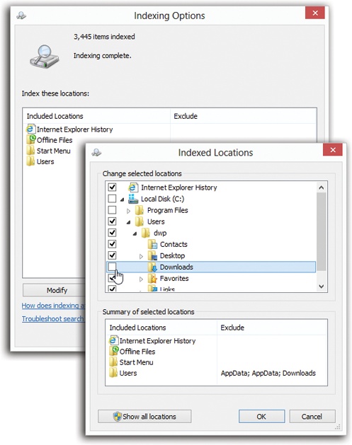 In the Indexing Options box, you can add or remove disks, partitions, or folders, thereby editing the list of searchable items.Start by opening Indexing Options (top), and then click Modify. Now expand the flippy triangles, if necessary, to see the list of folders on your hard drive. Turn a folder’s checkbox on (to have Windows index it) or off (to remove it from the index, and therefore from searches). In this example, you’ve just told Windows to stop indexing your Downloads folder. Click OK.