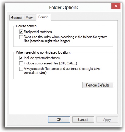 Search actually works beautifully right out of the box. For the benefit of the world’s tweakers, however, this dialog box awaits, filled with technical adjustments to the way Search works.