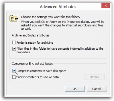 In the Properties dialog box for any file or folder, click Advanced. Turn on “Compress contents to save disk space,” and then click OK. For a folder, Windows offers to compress all the files and folders inside this one, too.