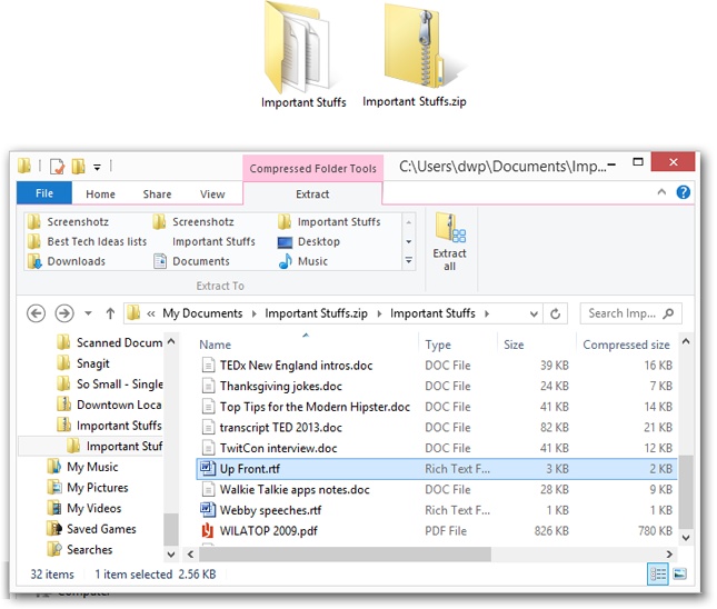 Top: A Zip archive looks just like an ordinary folder—except for the tiny little zipper.Bottom: Double-click one to open its window and see what’s inside. The Size, Compressed Size, and Ratio columns tell you how much space you’ve saved. (JPEG and GIF graphics usually don’t become much smaller than they were before zipping, since they’re already compressed formats. But word processing files, program files, and other file types reveal quite a bit of shrinkage.)