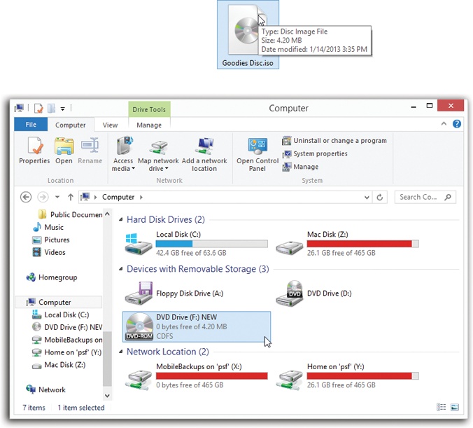 Top: The icon of an ISO image generally looks like what it is: a disc in a file. Double-click it to open it.Bottom: When you’ve opened (or “mounted”) an ISO disk image, your computer now thinks that it has a new DVD drive; the disk image perfectly impersonates an actual DVD (it’s the one here indicated by the cursor). Double-click one to open its window and see what’s inside. At that point, you can add, delete, and manipulate files on the image, just as though it’s (for example) a flash drive.