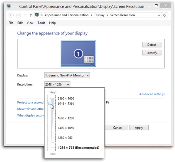 Use the Resolution slider to change the magnification of the entire screen. On flat-panel screens, only the highest resolution is sharp, which is a good argument for leaving this setting alone.