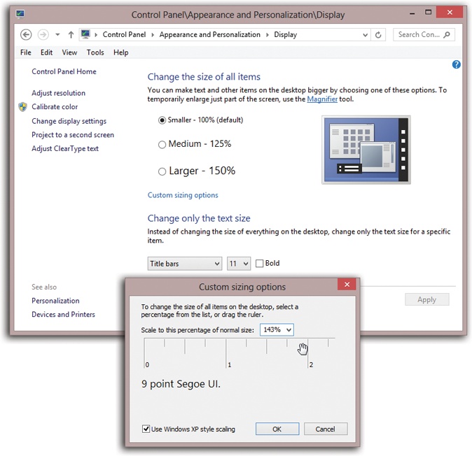 Top: Click either Medium or Larger, and then click Apply. A message lets you know, “You must log off your computer.” Click “Log off now.” When the computer logs you in anew, you see larger type and graphics.Bottom: If you prefer an in-between magnification, or a higher amount (up to 500%), drag right or left on the ruler until the sample text looks good to you; click OK. Older apps may not respond to the text-scaling feature, so you may get blurry text at large degrees of magnification. The “Use Windows XP style scaling” option is supposed to fix that, although it has side effects, too; it may produce weird-looking dialog boxes and chopped-off text in some programs.