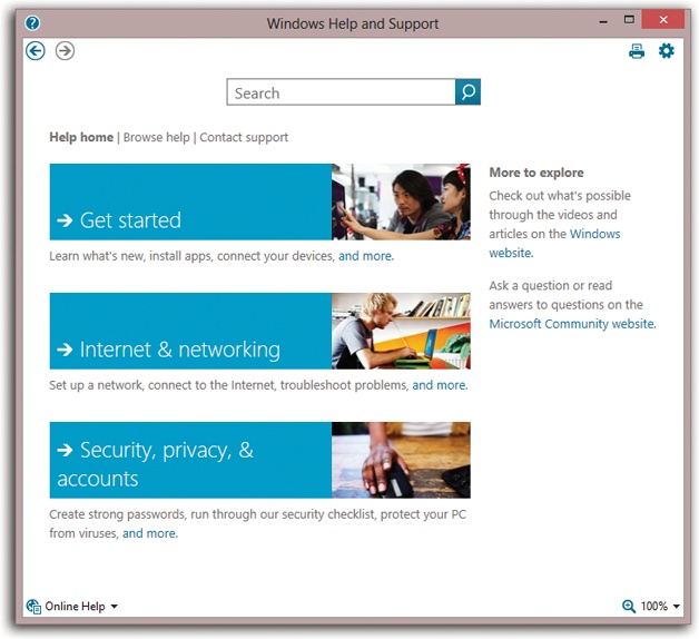 The , , and Search controls on the Help system’s toolbar may look like the corresponding tools in a Web browser, but they refer only to your travels within the Help system. Other buttons at the top let you print a help article or change the type size.