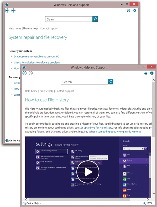 Keep clicking on each more finely grained subtable of subcontents until you find the help topic you want. Sometimes you’ll be offered a “Tap or click to open…” instruction, which takes you directly to the relevant program or settings screen.When you get really lucky, you actually get a video tutorial.