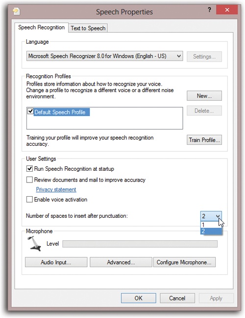 In this dialog box, you can find the “Number of spaces to insert after punctuation” (meaning “periods”) pop-up menu near the bottom. The other controls here let you create new voice files (“speech profiles”)—one for your quiet home office, for example, and another for use in a busy, humming office.