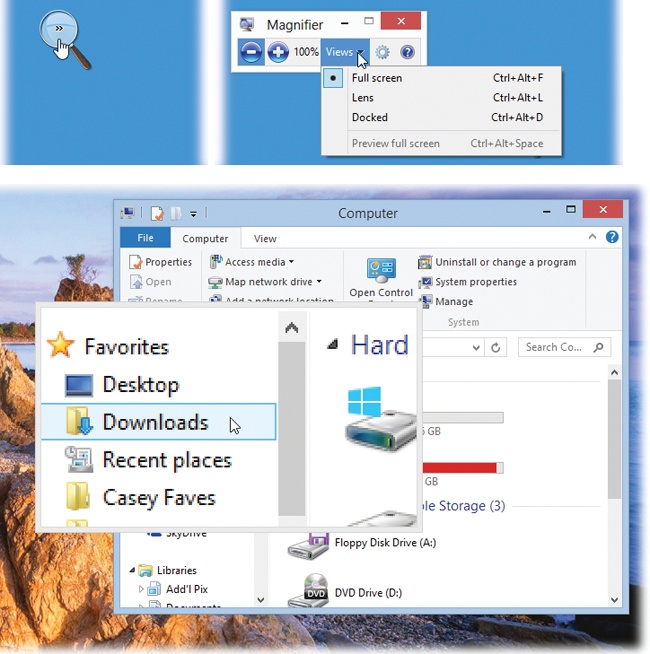 Magnifier enlarges whatever part of the screen your cursor is touching. In Lens or Docked modes, note that you can adjust the size of the magnified area by dragging its edge. In Docked mode, you can also tear the pane away from the edge of the screen so it becomes a floating window; just drag anywhere inside it.