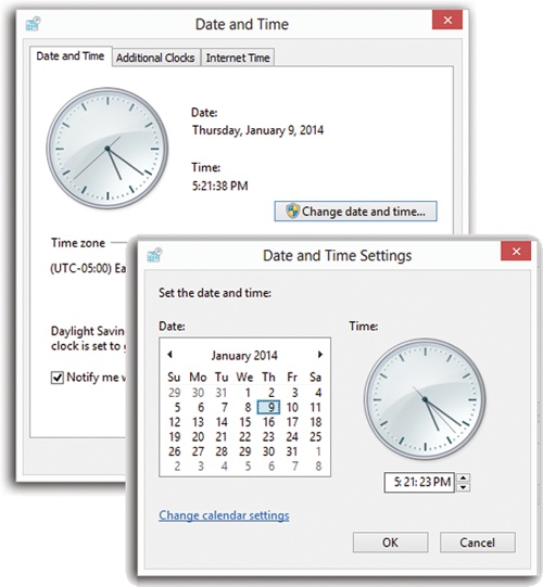 Top: The Date and Time tab has a lovely analog clock displaying the time. You can’t actually use it to set the time, but it looks nice. To make a change to the date or time of the computer, click “Change date and time.”Bottom: At that point, select the correct date by using the calendar. Specify the correct time by typing in the hour, minute, and seconds. Yes, type it; the and next to the time field are too inefficient, except when you’re changing AM to PM or vice versa.