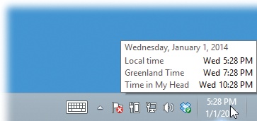 To see the time for the additional clocks, point without clicking over the time in the notification area. You get a pop-up displaying the time on the additional clock (or clocks) that you configured.