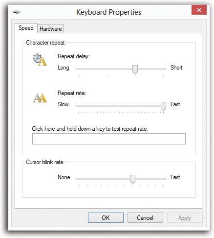 How fast do you want your keys to repeat? This dialog box also offers a Hardware tab, but you won’t go there very often. You’ll use it exclusively when you’re trying to troubleshoot your keyboard or its driver.