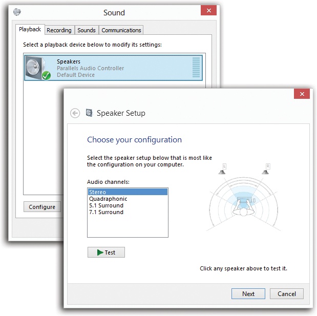 Top: The Playback and Recording tabs display the devices your computer has for playing or recording sounds. If you select the device, you can see its properties or configure it.Bottom: Here are some of the configurations you can set from the Playback tab, from simple stereo to 7.1 surround sound. Your setup may vary.