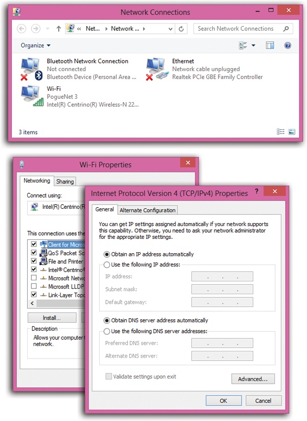 Top: Here’s a summary of the ways your computer can get online. (The ones that are X’ed out aren’t connected at the moment.)Lower left: In this dialog box, double-click the Internet Protocol (TCP/IP) item that corresponds to your Ethernet card.Lower right: Your cable or phone company generally configures these settings for you. But if a freak solar eclipse wipes out all your settings, you can re-enter them here. When you click OK, you should be back online.