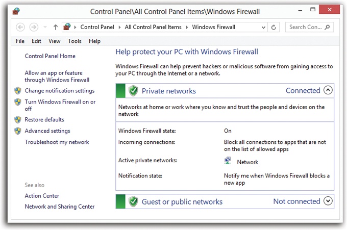 The Windows Firewall window is basically a dashboard that tells you if your firewall is turned on, the name of your network, and what the settings are for each kind of network location—Domain (Work), Private, or Public. See page 463 for details on these network types.