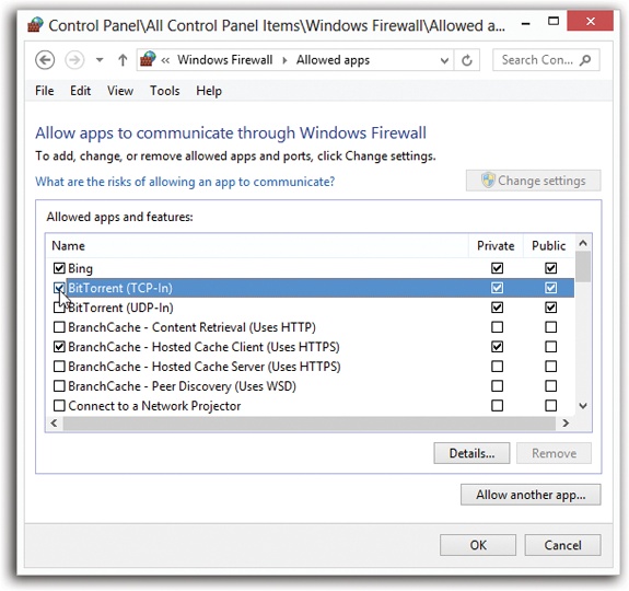 Here you can specify when each program is allowed to connect to the Internet—independently for each kind of network you might be on (using the Private or Public checkboxes at far right). Turning off the checkbox at far left blocks the program completely. Click “Allow another program” to add a new program to this list so it won’t bug you the first time you run it.