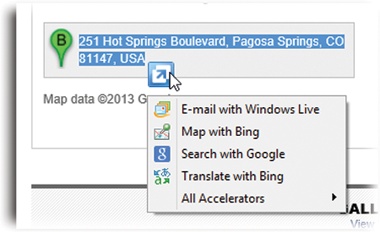 Click the Accelerator icon to see this menu. You can point to one without clicking to view a preview of the results (like a map); sometimes, as with a dictionary definition, that’s all you need to do. Other times, click the accelerator’s name to trigger its magic.